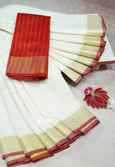 Half white - 100 count Khadi linen golden zari border