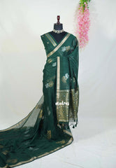 Dark Green - 120 Count Premium Linen Saree with Tissue Border - Perfect for Office Wear