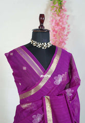 Magenta Purple - 120 Count Premium Linen Saree with Tissue Border - Perfect for Office Wear