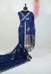 Navy Blue - 120 Count Premium Linen Saree with Tissue Border - Perfect for Office Wear