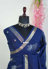 Navy Blue - 120 Count Premium Linen Saree with Tissue Border - Perfect for Office Wear