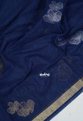 Navy Blue - 120 Count Premium Linen Saree with Tissue Border - Perfect for Office Wear