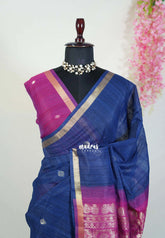Navy Blue - 120 Count Premium Linen Saree Tissue Border with Contrast Pallu and Blouse - Perfect for Small Functions | Casual Wear