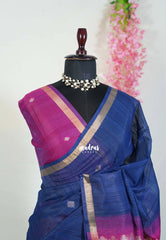 Navy Blue - 120 Count Premium Linen Saree Tissue Border with Contrast Pallu and Blouse - Perfect for Small Functions | Casual Wear
