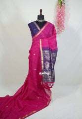 Fuchsia Pink - 120 Count Premium Linen Saree Tissue Border with Contrast Pallu and Blouse - Perfect for Small Functions | Casual Wear