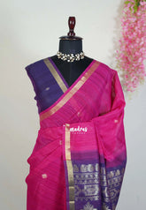 Fuchsia Pink - 120 Count Premium Linen Saree Tissue Border with Contrast Pallu and Blouse - Perfect for Small Functions | Casual Wear