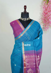 Dark Blue - 120 Count Premium Linen Saree Tissue Border with Contrast Pallu and Blouse - Perfect for Small Functions | Casual Wear