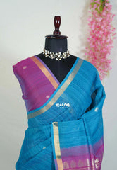 Dark Blue - 120 Count Premium Linen Saree Tissue Border with Contrast Pallu and Blouse - Perfect for Small Functions | Casual Wear