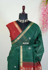 Emerald Green - 120 Count Premium Linen Saree Tissue Border with Contrast Pallu and Blouse - Perfect for Small Functions | Casual Wear
