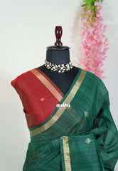 Emerald Green - 120 Count Premium Linen Saree Tissue Border with Contrast Pallu and Blouse - Perfect for Small Functions | Casual Wear