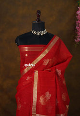 Spicy Red - 120 Count Premium Linen Saree with Tissue Border - Perfect for Office Wear
