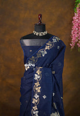 Nightfall Blue - 120 Count Premium Linen Saree with Tissue Border - Perfect for Office Wear
