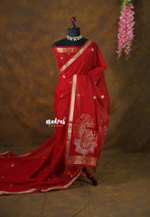 Royal Crimson Red - 120 Count Premium Linen Saree with Tissue Border - Perfect for Office Wear