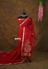Royal Crimson Red - 120 Count Premium Linen Saree with Tissue Border - Perfect for Office Wear