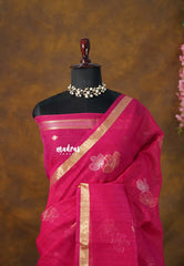 Raspberry Pink - 120 Count Premium Linen Saree with Tissue Border - Perfect for Office Wear