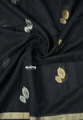 Jet Black - 120 Count Premium Linen Saree with Tissue Border - Perfect for Office Wear