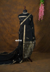 Jet Black - 120 Count Premium Linen Saree with Tissue Border - Perfect for Office Wear