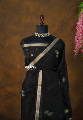 Jet Black - 120 Count Premium Linen Saree with Tissue Border - Perfect for Office Wear