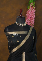 Jet Black - 120 Count Premium Linen Saree with Tissue Border - Perfect for Office Wear