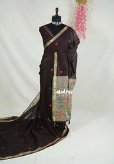 Dark Chocolate Brown - 120 Count Premium Linen Saree with Jute Weaving Pallu - Perfect for Office Wear
