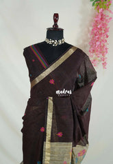 Dark Chocolate Brown - 120 Count Premium Linen Saree with Jute Weaving Pallu - Perfect for Office Wear