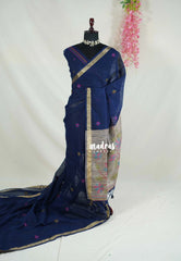 Midnight Blue - 120 Count Premium Linen Saree with Jute Weaving Pallu - Perfect for Office Wear