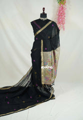Jet Black - 120 Count Premium Linen Saree with Jute Weaving Pallu - Perfect for Office Wear