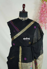 Jet Black - 120 Count Premium Linen Saree with Jute Weaving Pallu - Perfect for Office Wear