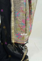 Jet Black - 120 Count Premium Linen Saree with Jute Weaving Pallu - Perfect for Office Wear