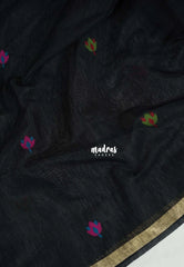 Jet Black - 120 Count Premium Linen Saree with Jute Weaving Pallu - Perfect for Office Wear