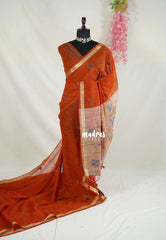 Rust Orange - 120 Count Premium Linen Saree with Jute Weaving Pallu - Perfect for Office Wear