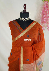 Rust Orange - 120 Count Premium Linen Saree with Jute Weaving Pallu - Perfect for Office Wear