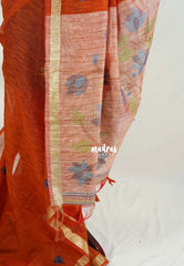 Rust Orange - 120 Count Premium Linen Saree with Jute Weaving Pallu - Perfect for Office Wear