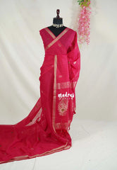 Queen's Pink - 120 Count Premium Linen Saree Silk Thread and Zari Weaving Buttas with Tissue Border - Perfect for Office Wear