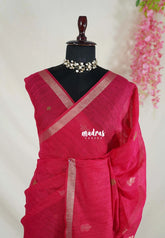 Queen's Pink - 120 Count Premium Linen Saree Silk Thread and Zari Weaving Buttas with Tissue Border - Perfect for Office Wear