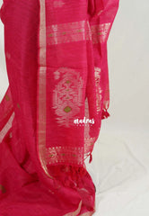 Queen's Pink - 120 Count Premium Linen Saree Silk Thread and Zari Weaving Buttas with Tissue Border - Perfect for Office Wear