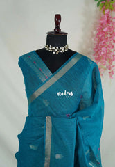 Teal Blue - 120 Count Premium Linen Saree Silk Thread and Zari Weaving Buttas with Tissue Border - Perfect for Office Wear