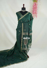 Bottle Green - 120 Count Premium Linen Saree Silk Thread and Zari Weaving Buttas with Tissue Border - Perfect for Office Wear