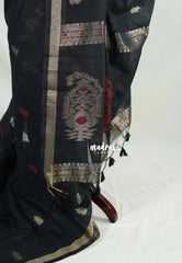 Jet Black - 120 Count Premium Linen Saree Silk Thread and Zari Weaving Buttas with Tissue Border - Perfect for Office Wear