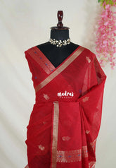 Chilli Red - 120 Count Premium Linen Saree Silk Thread and Zari Weaving Buttas with Tissue Border - Perfect for Office Wear