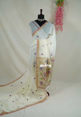 Ivory Beige - 120 Count Premium Linen Saree with Jute Weaving Pallu - Perfect for Office Wear