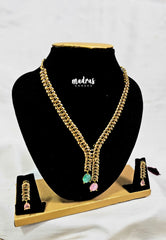 Premium 1 Gram Gold polish AD Stone Trendy Unique Design Green and Pink Necklace with Earrings