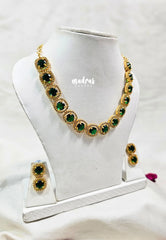 Premium 1 Gram Gold polish AD Stone Trendy Unique Design Emerald Green Stone Necklace with Earrings