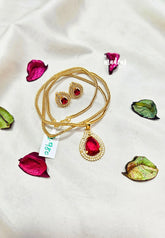 Premium 1 Gram Gold polish AD Stone Trendy Design White and Red Stone Pendant Necklace with Earrings