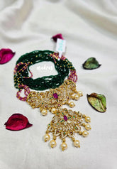 Premium 1 Gram Gold polish Trendy Stylish Crystal Layered Long Chain - Emerald Green with Pink