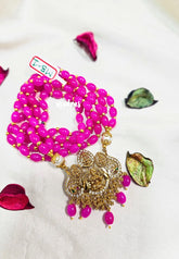 Premium 1 Gram Gold polish Trendy Layered Mala with Pink Beads and Lakshmi Pendant