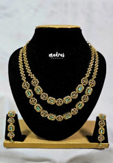 Premium 1 Gram Gold polish AD Stone Trendy Double Layer Light Green Stone Necklace with Earrings