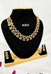 Premium 1 Gram Gold polish AD Stone Trendy Unique Design Red Stone Necklace with Earrings