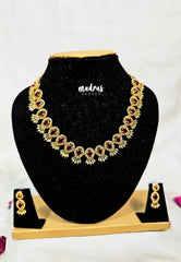 Premium 1 Gram Gold polish AD Stone Trendy Unique Design Red Stone Necklace with Earrings