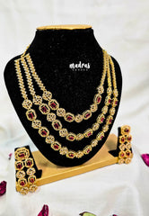 Premium 1 Gram Gold polish AD Stone Trendy Bridal Multi Layer Reddish Pink Stone Necklace with Earrings
